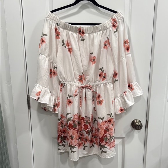 Blush Floral Off-Shoulder Midi Dress - White and Pink - Picture 1 of 3